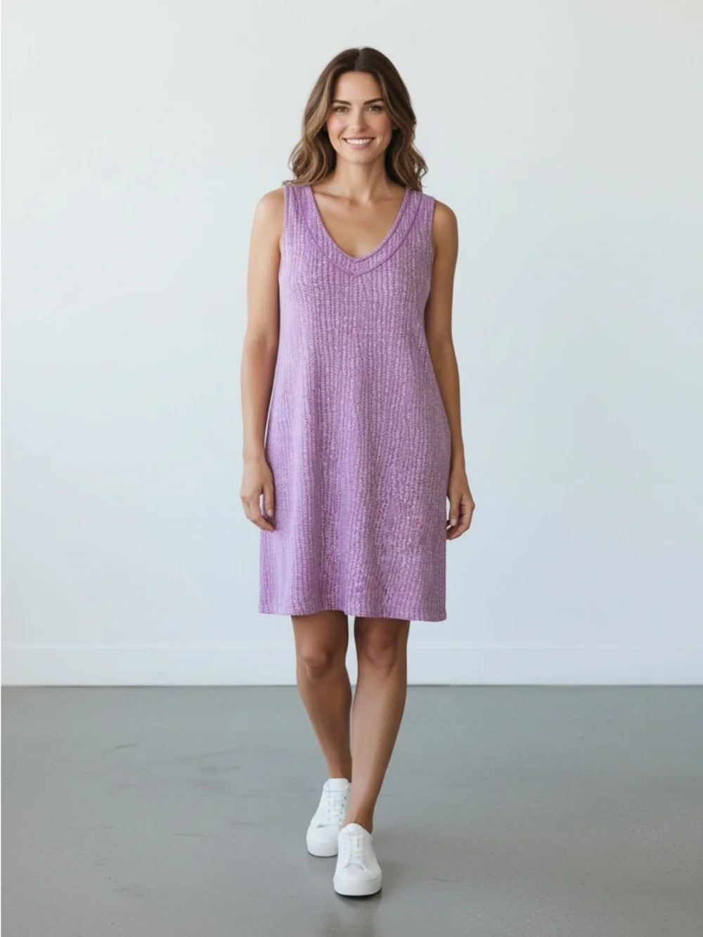 FRESH PRODUCE | Lilac Chevron Print V-Neck Sleeveless Dress size L USA Cotton - Picture 3 of 14